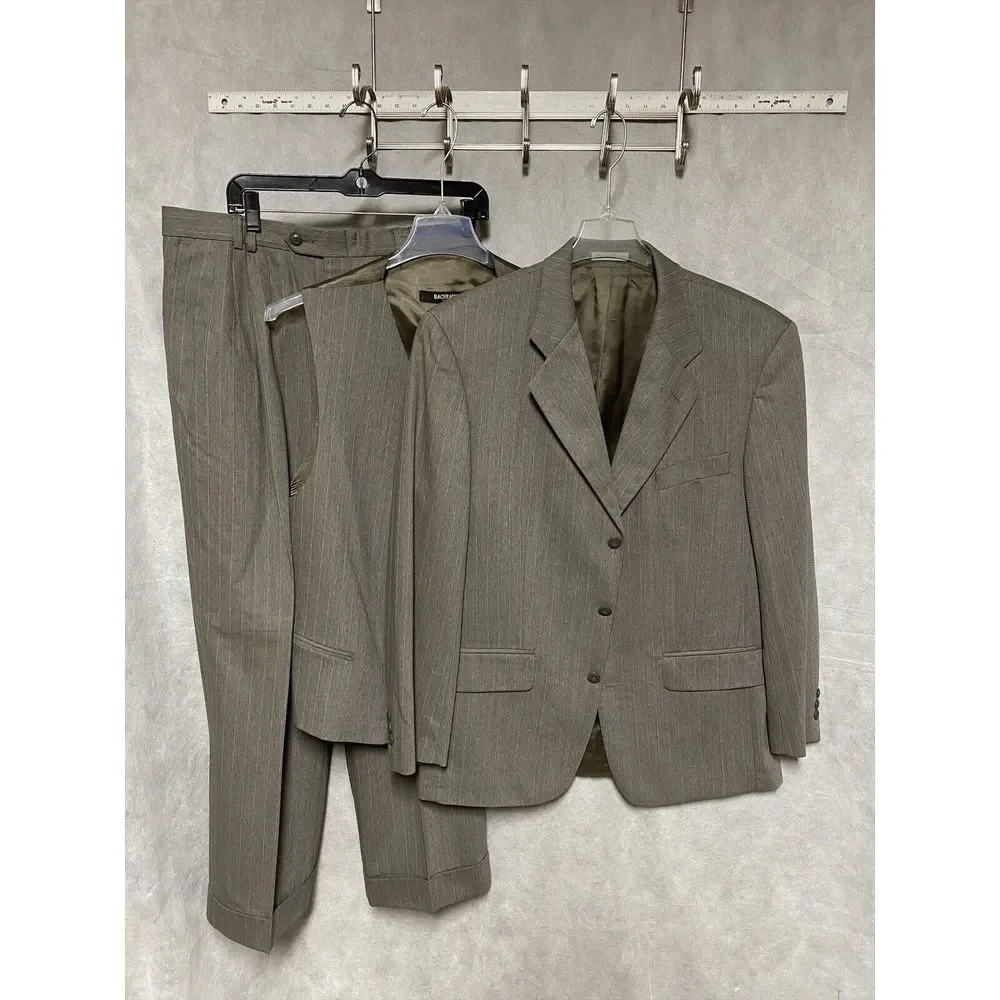 Bachrach Men 3 Piece Suit 42R Light Brown Striped Flannel 33‎ X28.5 Pants Luxury